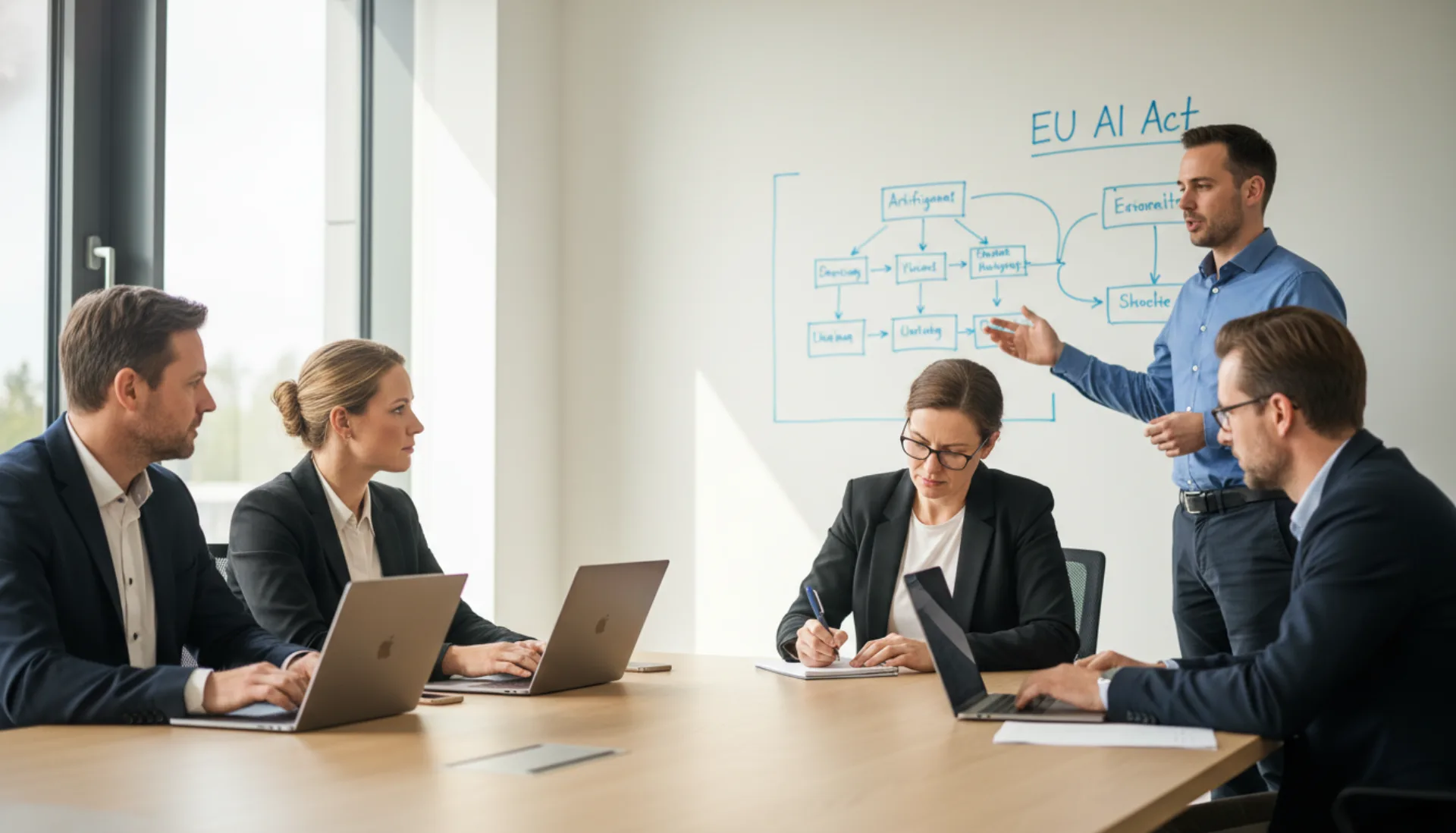 EU AI Act Schulung Mitarbeiter: Compliance-Workshop in modernem Bueroumfeld