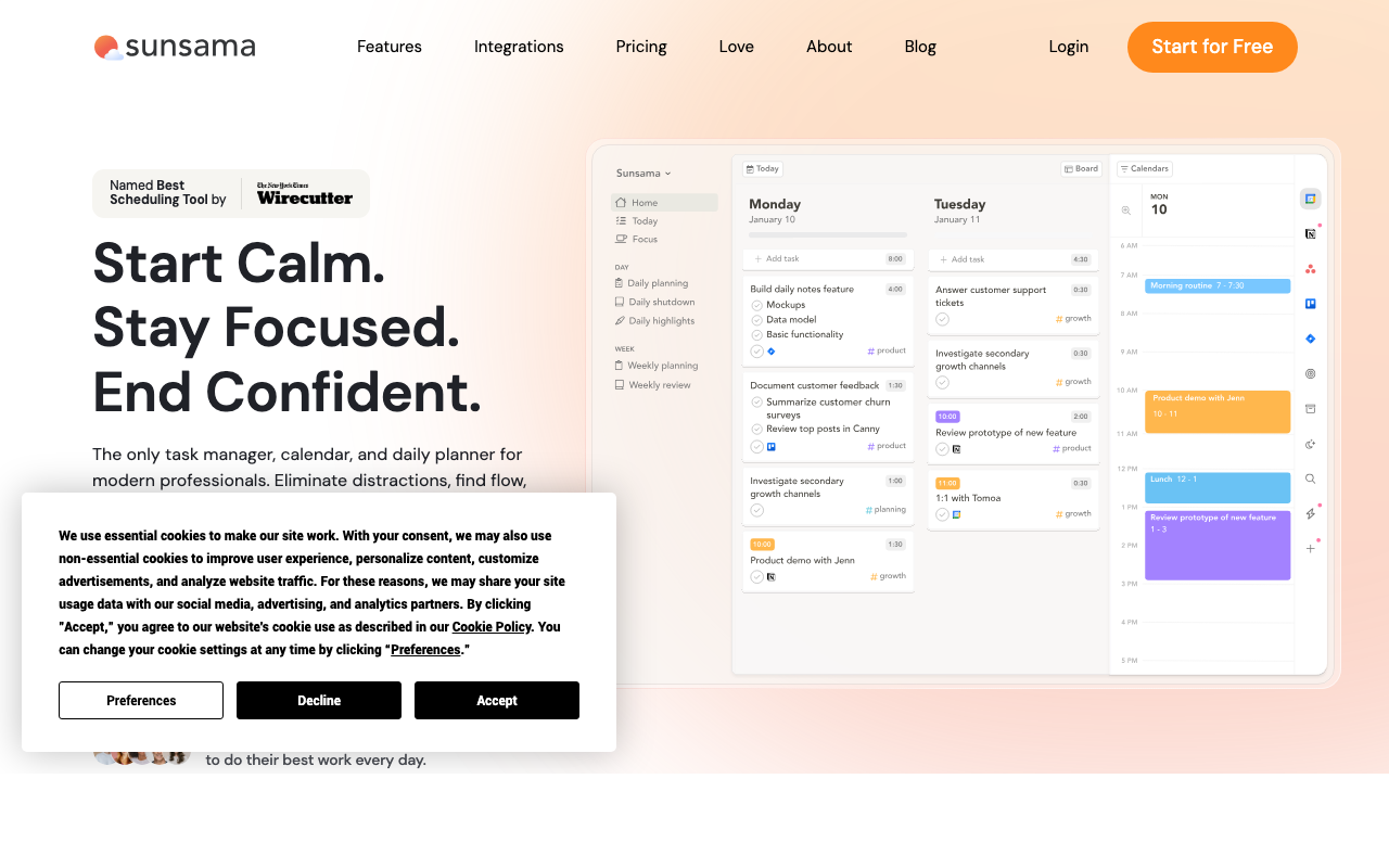 Screenshot von Sunsama